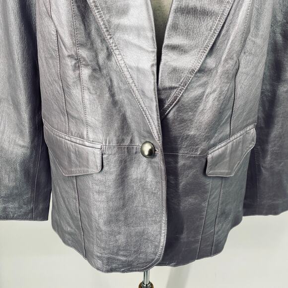 Vintage Y2k Metallic Leather Blazer Jacket Collared Silver Purple Lilac 1X 16W - Picture 3 of 12